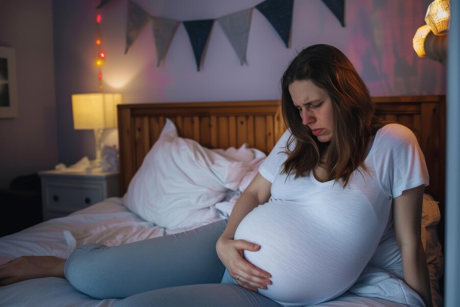 Pregnant woman sitting in pain